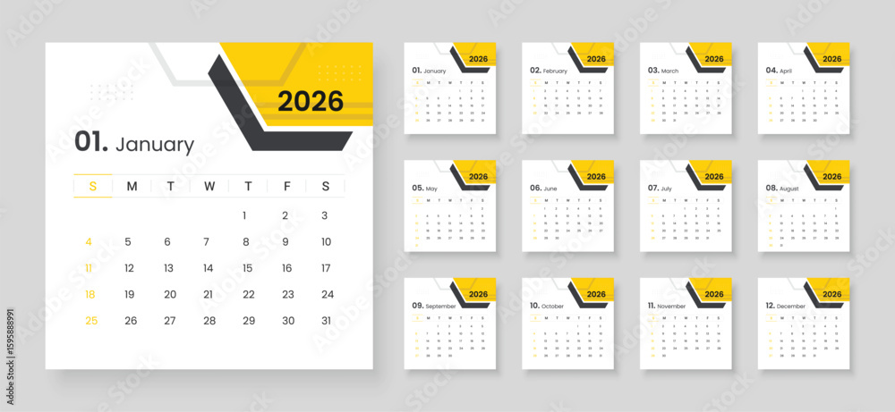 Calendar 2026 week start Sunday corporate design template vector. 2026 ...