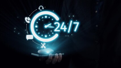Poster - This image represents the concept of 24 hour customer service with a glowing digital clock and communication icons, highlighting modern support and accessibility for clients. Qubit