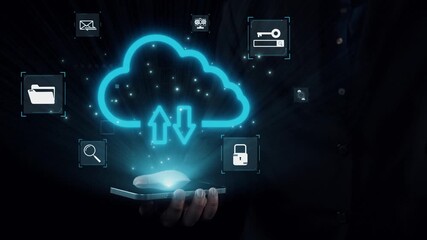 Poster - A hand holds a smartphone displaying a glowing cloud icon with data transfer arrows and various technology symbols, emphasizing modern digital connectivity and information management. Qubit