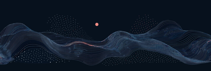 Poster - Abstract flowing wave line composed of smooth curvy white lines and circular dots on dark blue background with futuristic digital technology style and fluid mesh design