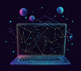 Poster - Abstract laptop with cosmic star constellations and planets floating around digital notebook with glowing space theme and neon lines vector illustration