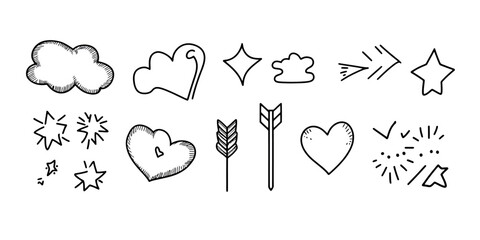 Poster - Hand drawn black and white heart shapes stars arrows cloud speech bubbles sketch doodle elements set for decoration and design vector illustration