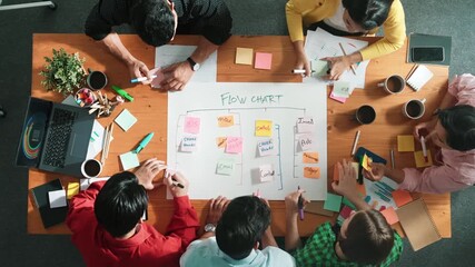 Poster - Top down aerial view of professional business people hands making scrum task board to manage workflow in workplace. Diverse marketing team writing and working together at meeting room. Convocation.