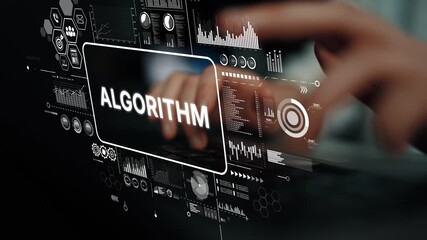 Fototapete - Hands Typing on a Keyboard with Algorithm Data Visualization on a Screen in a Modern Workspace Setting. Asymptotic smart data analytic.