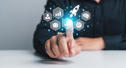 Fototapete - Person touching a rocket icon surrounded by business icons on a digital interface display screen