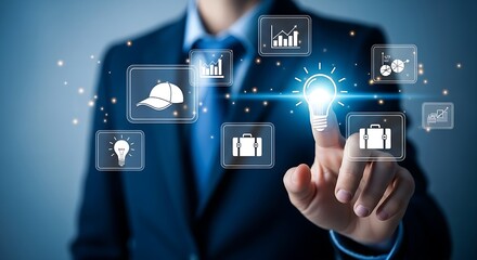 Aufkleber - A man in a suit interacting with digital icons including a lightbulb and business charts display