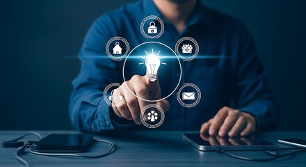 Poster - A person touching a lightbulb icon surrounded by other icons on a digital interface display
