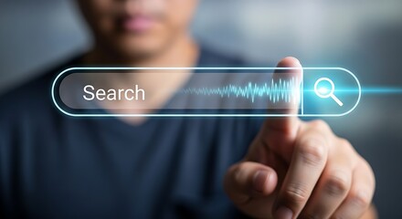 Poster - A person touching a digital search bar with the word search and a magnifying glass icon on a screen