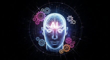Poster - a human head with ai text and gears around it in a dark background with light effects around it