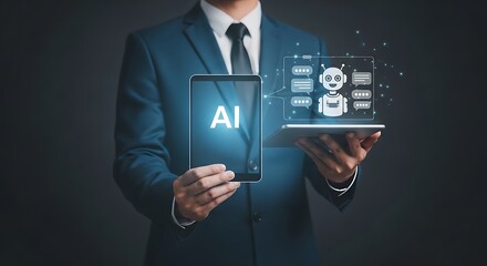 Poster - A man in a suit holding tablets displaying ai and a robot chatbot with speech bubbles on a dark background