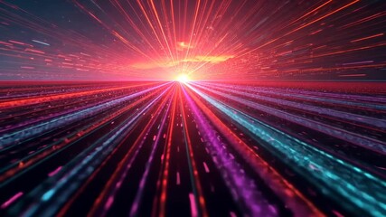 Poster - Vivid Neon Light Trails at Sunset Creating Futuristic Digital Landscape