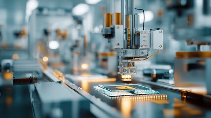 Poster - Robotic arm working on a circuit board in a modern factory