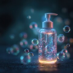 Poster - Glowing hand sanitizer bottle with bubbles