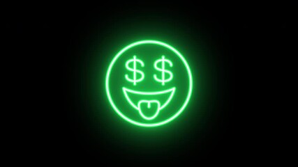 Poster - Neon money emoji animation, uniform rotation with color blink. 3D icon, glowing neon face with dollar eyes and tongue, looped spin with blink. Love money, great wealth, win money, rich. 4 colors