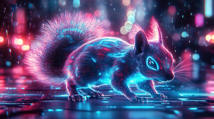 Poster - Futuristic neon squirrel with glowing accents scurries through a vibrant digital landscape, illuminated by colorful lights, showcasing a unique blend of technology and nature in a captivating scene