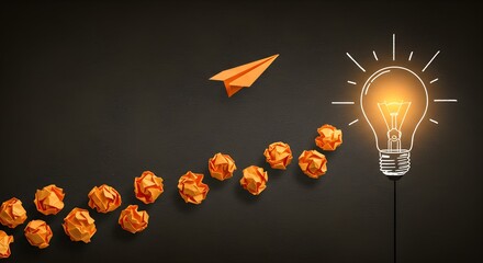 Poster - Orange paper plane flying toward a glowing light bulb with crumpled paper for brainstorming. Creative idea and business innovation.