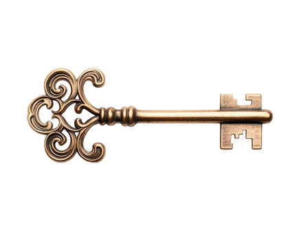 Exquisite antique skeleton key featuring intricate ornamentation, rendered in bronze tone, isolated on transparent background