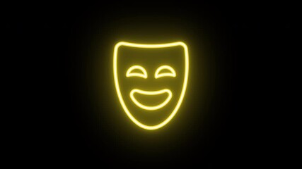 Poster - Neon comedy mask animation, uniform rotation with color blink. Glowing neon 3D theater mask icon, looped spin with blink. Theatrical humor, laughter, comedian performance, comic show. 3 colors