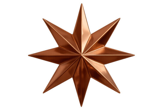 Gleaming copper nine-pointed star radiating metallic brilliance, 3d rendered with sharp geometric precision on transparent backdrop