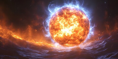 Wall Mural - A vibrant sun with blue corona surrounded by fiery clouds and a dark starry space background