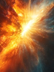 Wall Mural - A vibrant cosmic explosion with bright light and swirling clouds of orange and blue nebula dust