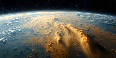 Wall Mural - Aerial view of earth showing clouds and atmosphere with stars in the background in space