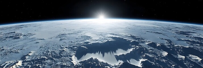 Wall Mural - Earth view from space with sunrise over the horizon and visible atmosphere and star filled background