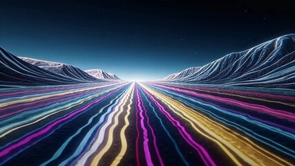 Poster - Futuristic neon-lit mountain landscape with vibrant light trails at night