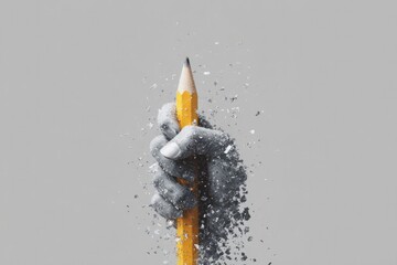 Poster - close-up of clenched hands breaking pencil in anger against solid gray background