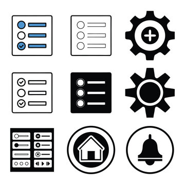 Collection of nine diverse flat design icons representing settings lists and notifications for user interfaces
