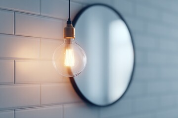 Poster - close-up of retro-style round wall mirror reflecting tile and hanging light bulb