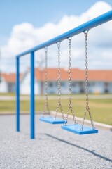 Poster - community playground with tactile paths and adaptive swings empty midday