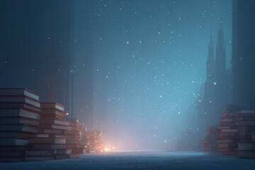 Poster - dark magic library with floating books and glowing sigils in background