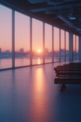 Poster - drone-shot of gym rowing machines empty at sunrise polished floor reflects light