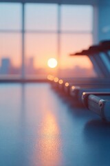 Poster - drone-shot of gym rowing machines empty at sunrise polished floor reflects light