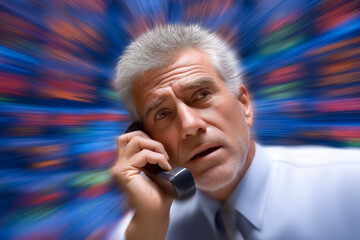 Poster - Man looking seriously while talking on the phone amidst vibrant blurred background suggesting busy trading environment. Concept of finance, stock market, business consulting