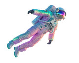 Iridescent astronaut floating in space with a rainbow reflection in the helmet visor on black background