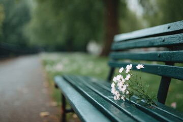 Poster - empty bench in quiet park with single bouquet resting on it