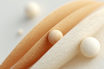 Poster - flat-lay of 3d-rendered abstract organic shapes curved ribbons spheres and tendrils on textured mat under soft studio