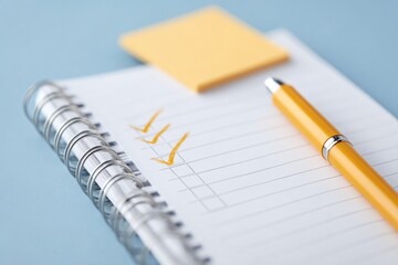 Poster - flat-lay of open planner with checkmarks affirmation sticky notes and pen on crisp white sheet