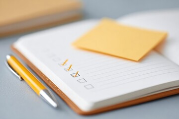 Poster - flat-lay of open planner with checkmarks affirmation sticky notes and pen on crisp white sheet