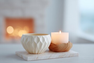 Poster - flat-lay of ceramic bowl undulating wood sculpture and flame-lit candle on marble tray near fireplace