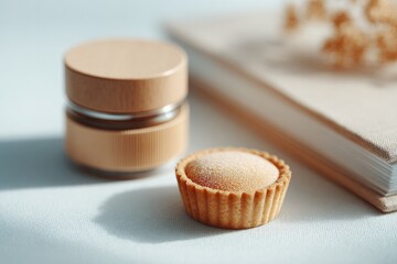 Poster - flat-lay of craft camera filters ingredient jars recipe binder and tartlet on light surface studio-style shadows emphasizing