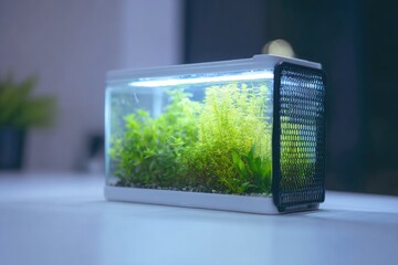 Poster - flat-lay of fish tank setup box net plant clip water conditioner on white mat