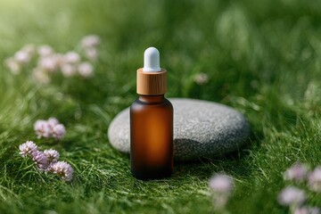 Poster - flat-lay of meadow herbs essential oil bottle and stone on grass surface