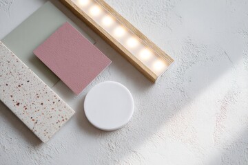 Poster - flat-lay of moodboard showing wall paint chips led strip sample and light reflector disc