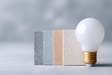 Poster - flat-lay of sample tile wall paint chip and lightbulb on neutral countertop