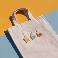 Poster - flat-lay of streetstyle polymer clay jewelry graphic tee upcycled tote on studio bench