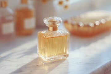 Poster - flat-lay of vintage perfume bottles amber glass soap dish and scalloped mirror frame on marble counter