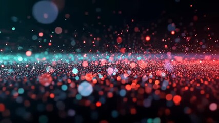 Poster - Vibrant Digital Particles Flowing Across Dark Background with Blue and Red Highlights